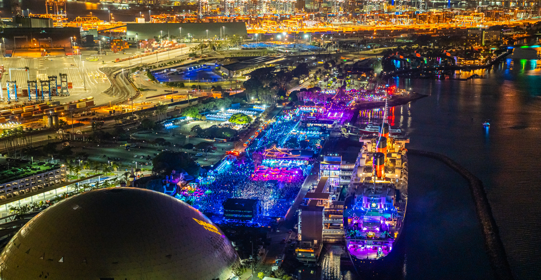 Scenic aerial view of the Queen Mary amidst Dreamstate festival