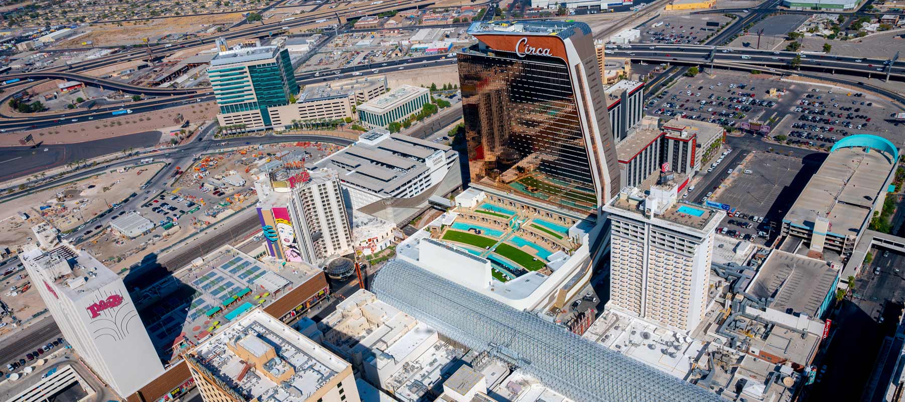 Daytime view of Downtown Las Vegas skyline with Plaza and Circa.